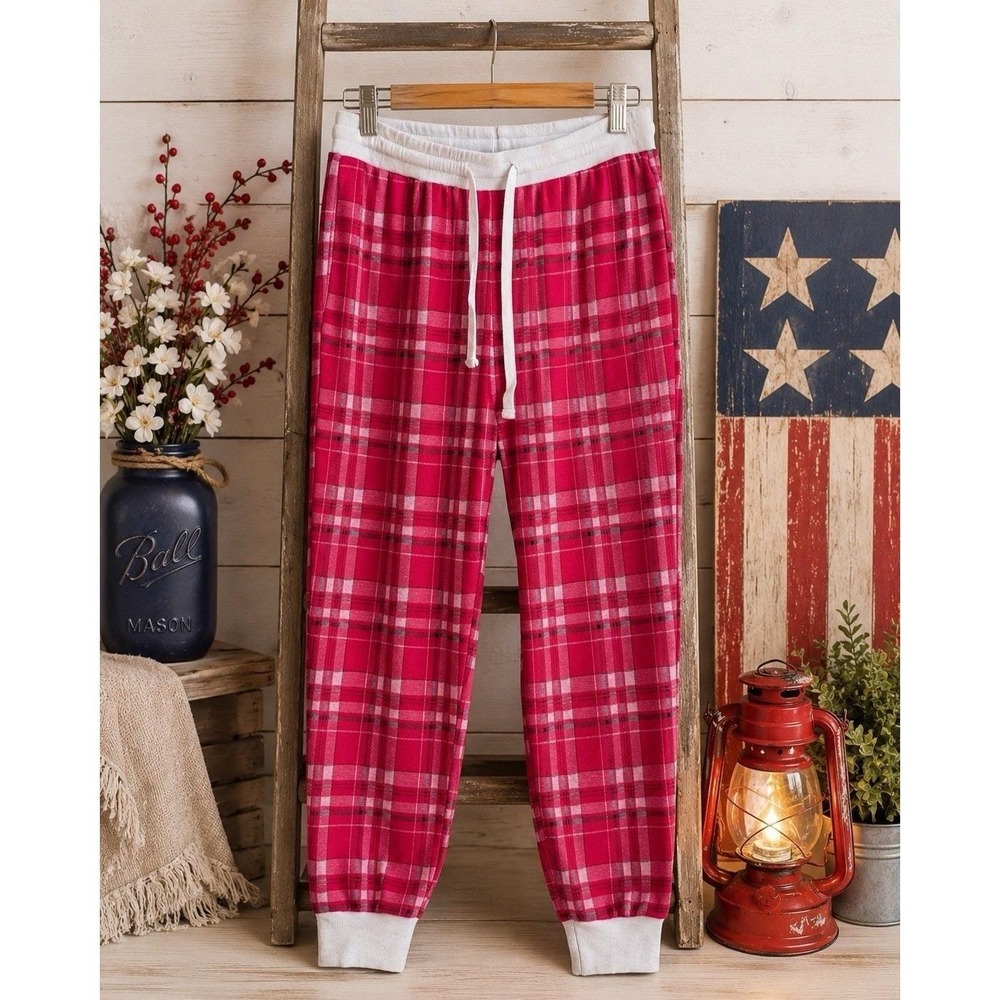 Pink Lily Women's Pink Plaid Jogger Lounge Pajama Pants Size L Drawstring Cozy
